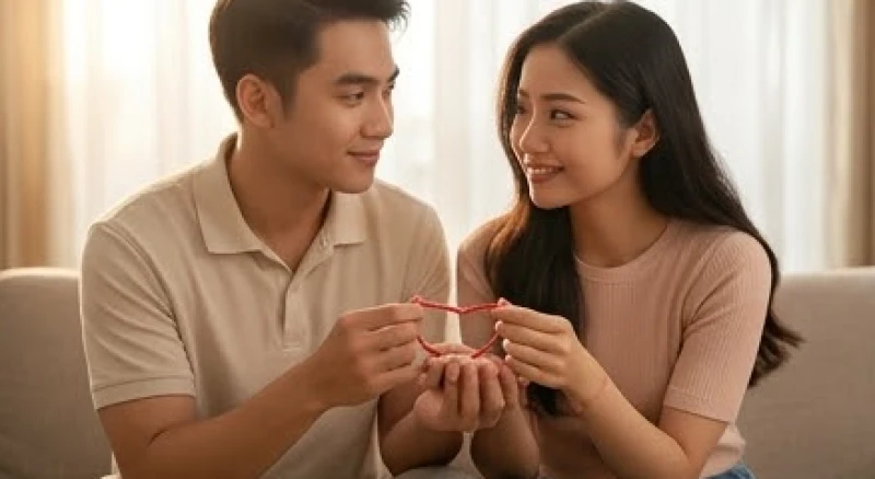 Hai người cùng cầm chiếc vòng tay bị đứt và mỉm cười nhẹ nhàng nói chuyện thấu hiểu với nhau