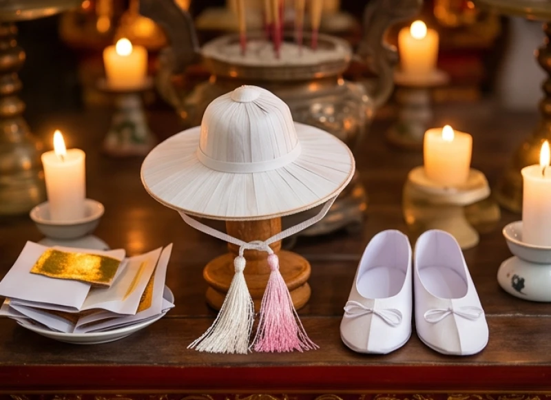 Văn khấn Bà Chúa Năm Phương: Bài cúng chuẩn và cách sắm lễ 6 Bộ đồ mã gồm nón quai thao và đôi hài màu trắng dành riêng để dâng lên Chúa Bà