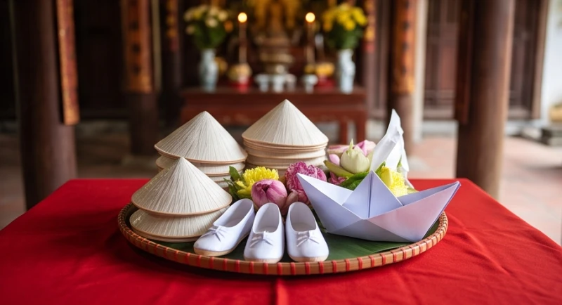 Văn khấn Đền Cô Bơ: Bài cúng chuẩn và thứ tự dâng lễ 4 Mâm lễ dâng án tọa Cô Bơ Thoải Cung nổi bật với bộ nón lá và hài giấy mang sắc trắng đặc trưng.
