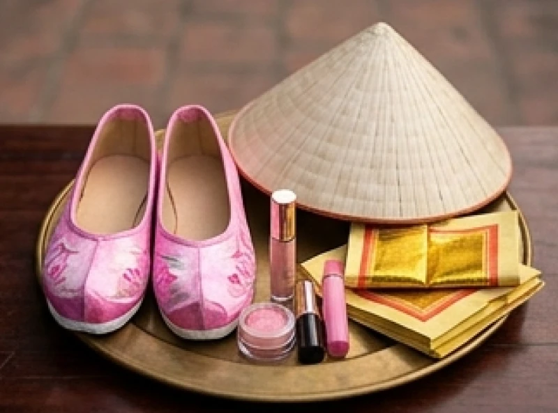 Văn khấn Đền Cô Chín Giếng: Bài cúng chuẩn và trình tự dâng lễ 5 Bộ nón hài màu hồng và mỹ phẩm dâng Thánh Cô được xếp gọn gàng bên cạnh sớ tấu chữ Quốc ngữ