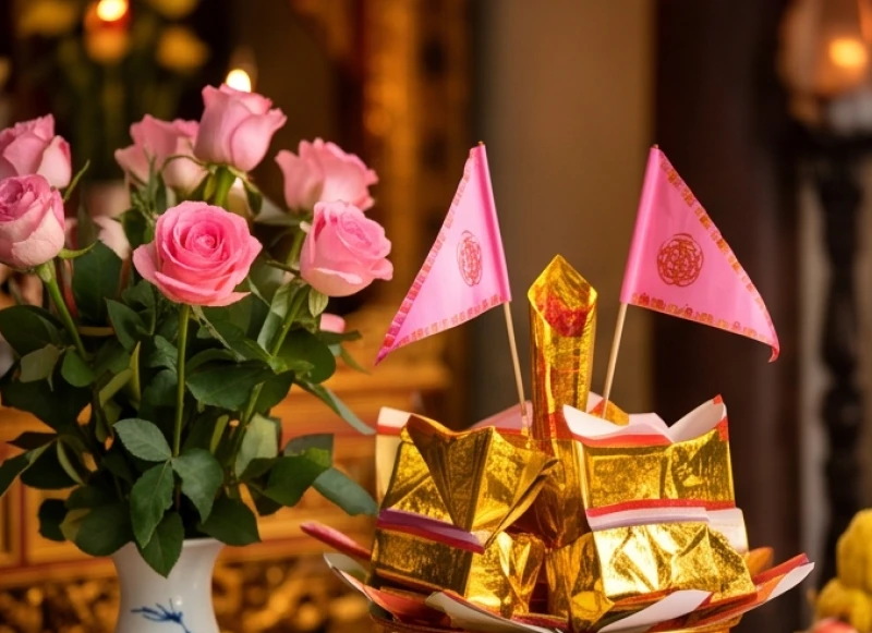Mâm lễ vật kết hợp tinh tế giữa sắc vàng quyền uy và những bông hoa hồng tươi thắm