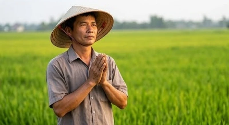 Người nông dân chắp tay thành kính đọc văn khấn nguyện cầu tại bờ ruộng