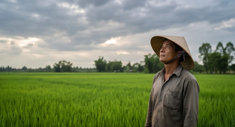 Bầu trời đầy mây xám phía trên cánh đồng lúa xanh ngát khi người nông dân đang ngước nhìn lên cao