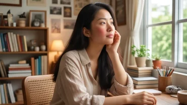 Người phụ nữ ôm má với khuôn mặt đỏ ửng khi tìm hiểu nóng mặt là điềm gì