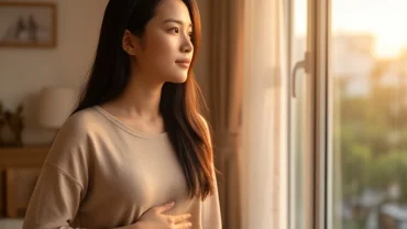 Người phụ nữ ôm bụng với vẻ mặt lo âu khi tìm hiểu nóng ruột là điềm gì