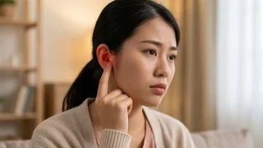 Người phụ nữ Việt Nam chạm nhẹ vào vành tai đang ửng đỏ khi tìm hiểu nóng tai là điềm gì