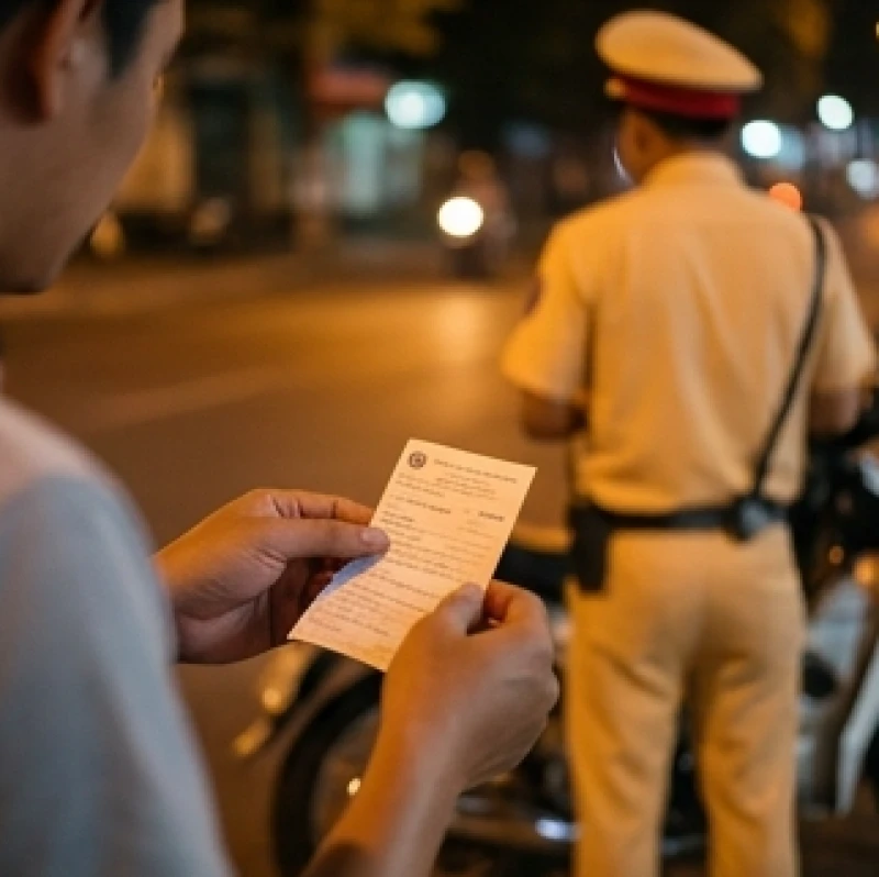 Mơ thấy cảnh sát giao thông: Điềm báo, tâm lý & cách hóa giải 5 Người vi phạm giao thông đang cầm biên bản xử phạt trên tay cạnh chốt kiểm tra an ninh ban đêm