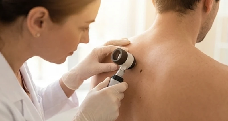 Bác sĩ da liễu đang dùng kính lúp soi kỹ nốt ruồi có dấu hiệu bất thường trên lưng bệnh nhân