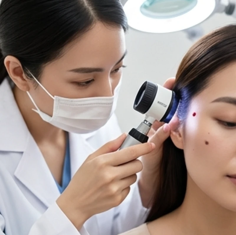 Kiểm tra kích thước và viền nốt ruồi ở thái dương bằng kính lúp để tầm soát sớm các dấu hiệu ác tính