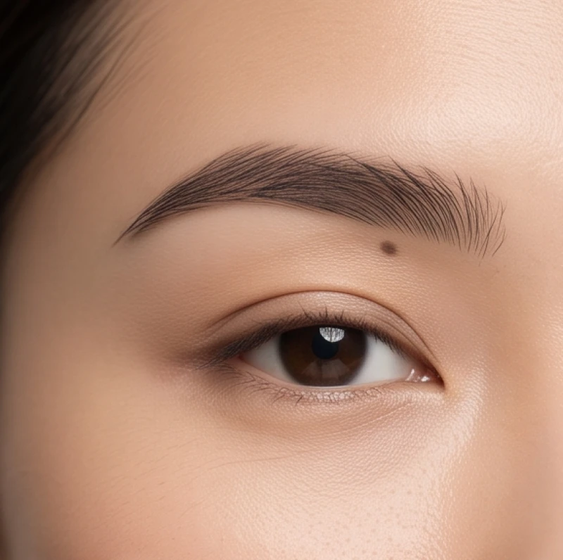 Gương mặt phụ nữ Á Đông thanh thoát với đốm nốt ruồi ẩn sâu trong dáng lông mày tự nhiên