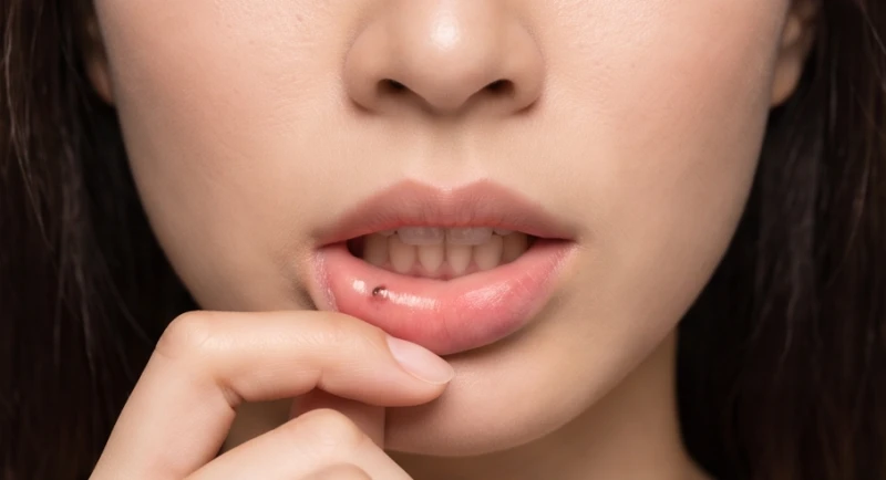 Phụ nữ mỉm cười để lộ một chấm nốt ruồi nhỏ nằm khuất bên trong lớp niêm mạc môi dưới