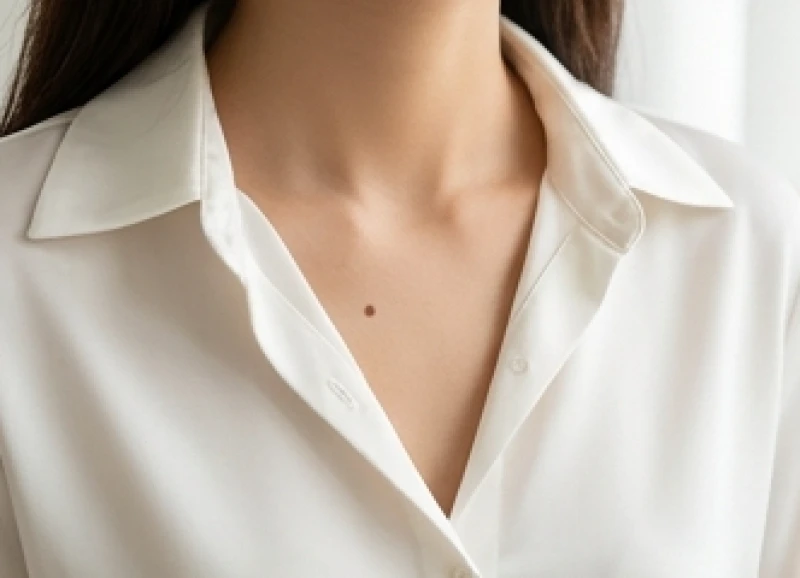 Một đốm hắc tố nhỏ nằm lấp ló ở vùng xương quai xanh dưới lớp áo sơ mi lụa trắng nhẹ nhàng