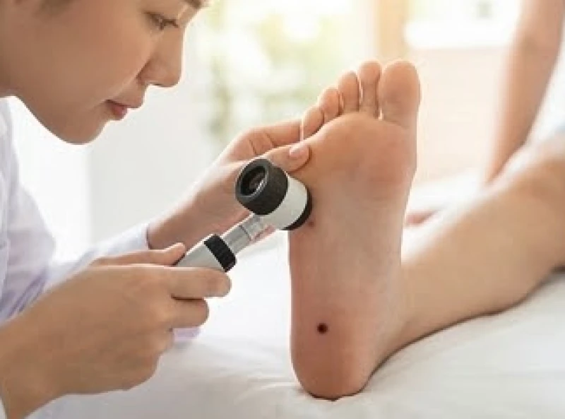 Bác sĩ da liễu đang thăm khám nốt ruồi ở lòng bàn chân phải nữ bằng thiết bị y khoa chuyên dụng