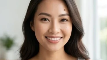 Cận cảnh khuôn mặt thanh tú của người phụ nữ có nốt ruồi bên phải trán đang mỉm cười tự tin