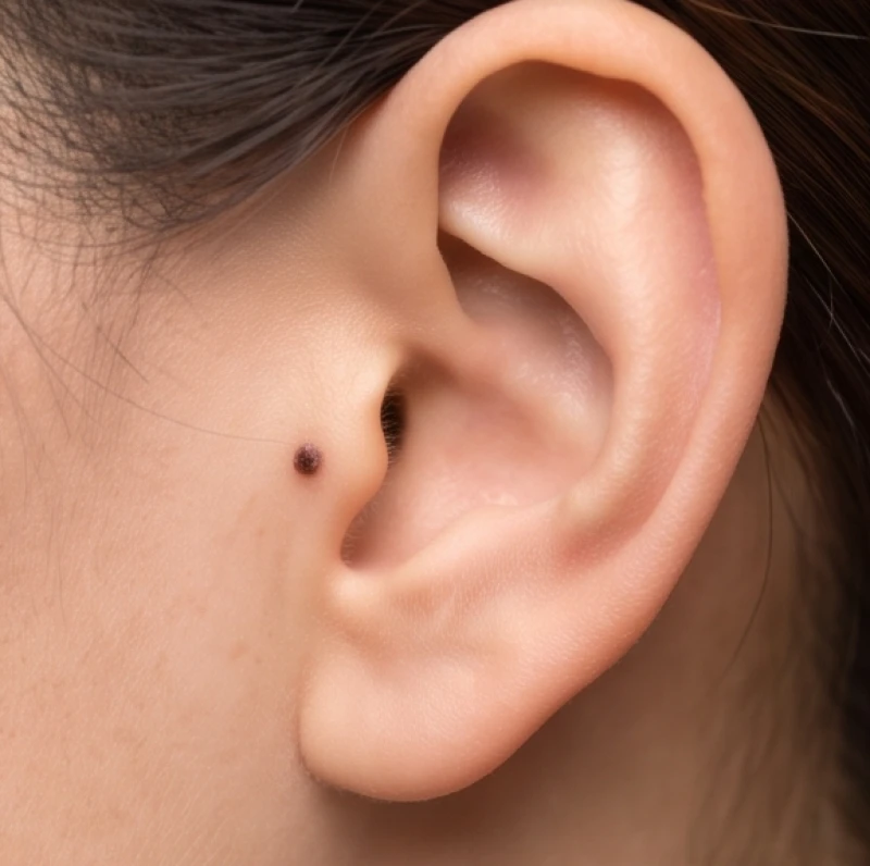 Cận cảnh nốt ruồi nằm ngay phần sụn tam giác nhô ra trước lỗ tai của người phụ nữ