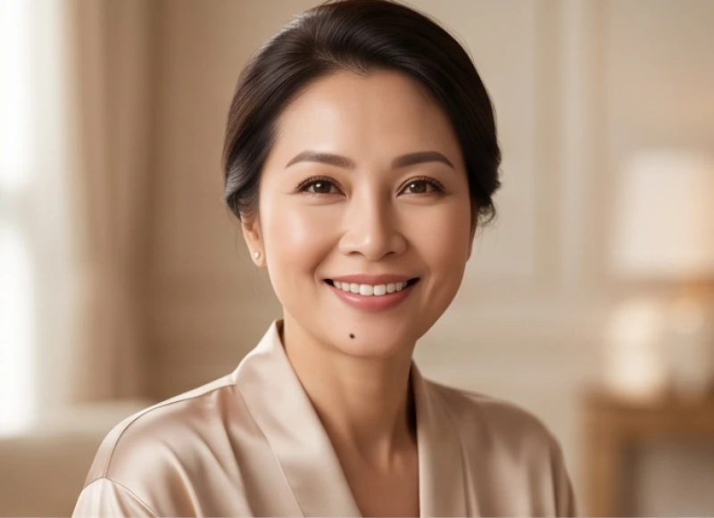 Phụ nữ trung niên rạng rỡ với nốt ruồi tài lộc ở cằm phải