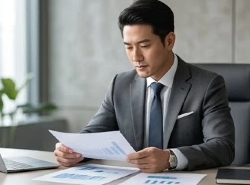 Nốt ruồi ở cằm trái nam: luận tướng số và tiêu chí tẩy an toàn 3 Người đàn ông có nốt ruồi cằm trái mặc vest lịch lãm đang xem biểu đồ tài chính