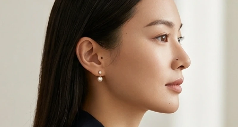 Góc nghiêng khuôn mặt phụ nữ khoe nốt ruồi tài lộc tại cánh mũi và vùng dái tai sung túc.