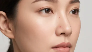 Cận cảnh gương mặt phụ nữ thanh tú với nốt ruồi cạnh sống mũi tự nhiên