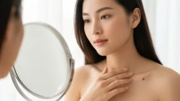 Người phụ nữ châu Á thanh lịch đang soi gương kiểm tra các đốm nốt ruồi chìm trên khuôn mặt và cơ thể