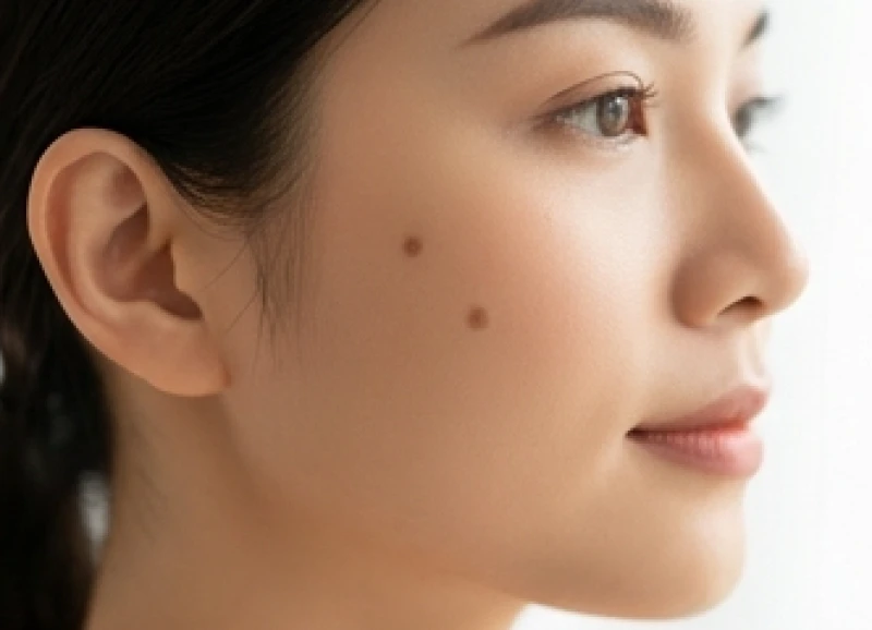 Cận cảnh một nốt ruồi chìm hoàn toàn bằng phẳng nằm trên gò má của một người phụ nữ trẻ thanh lịch