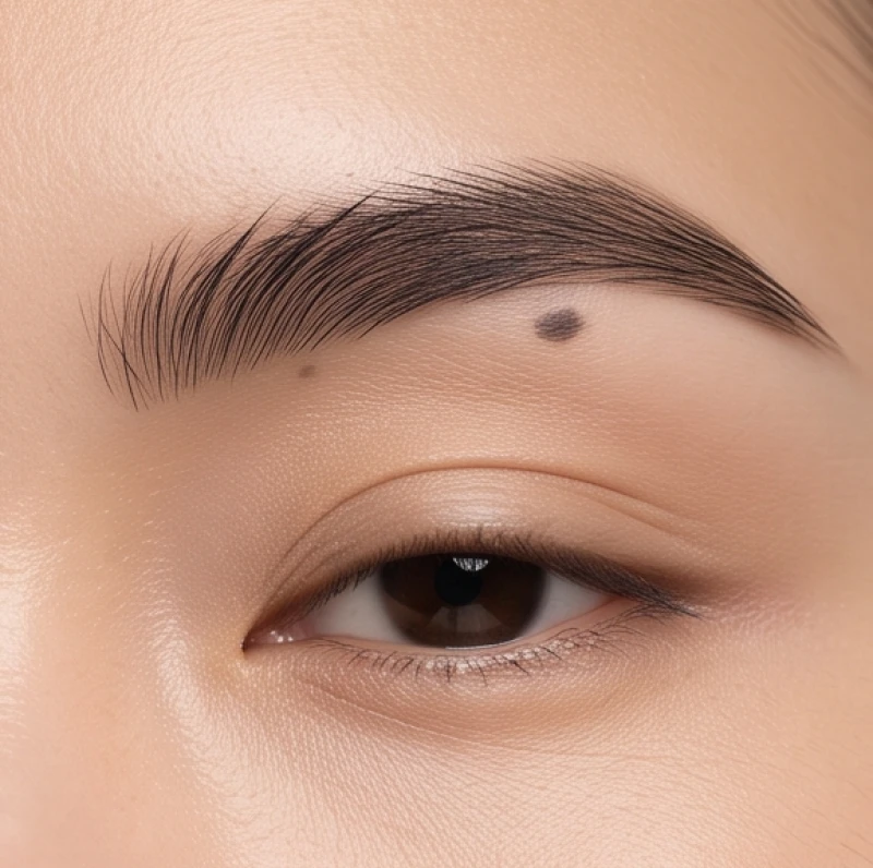 Đốm nốt ruồi chìm phẳng và tinh tế lấp ló dưới những sợi lông mày cong vút tự nhiên
