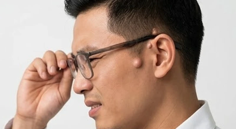 Nốt ruồi sau tai nam: Luận giải tướng số và khi nào cần tẩy 5 Người đàn ông đeo kính bị gọng tì lên vùng da có nốt ruồi to phía sau vành tai gây cảm giác khó chịu