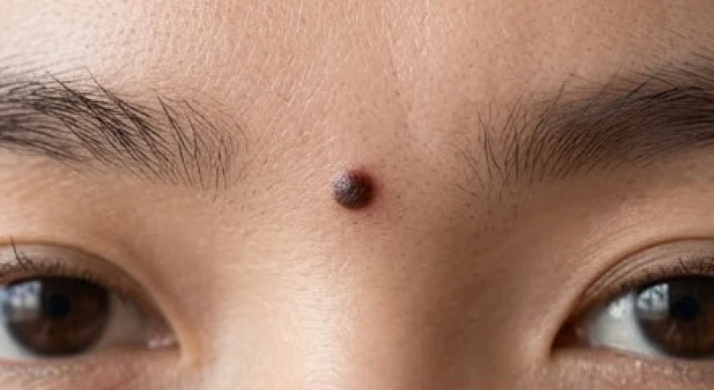 Khối sắc tố đậm màu nằm cân đối trên vùng ấn đường của một người phụ nữ Châu Á