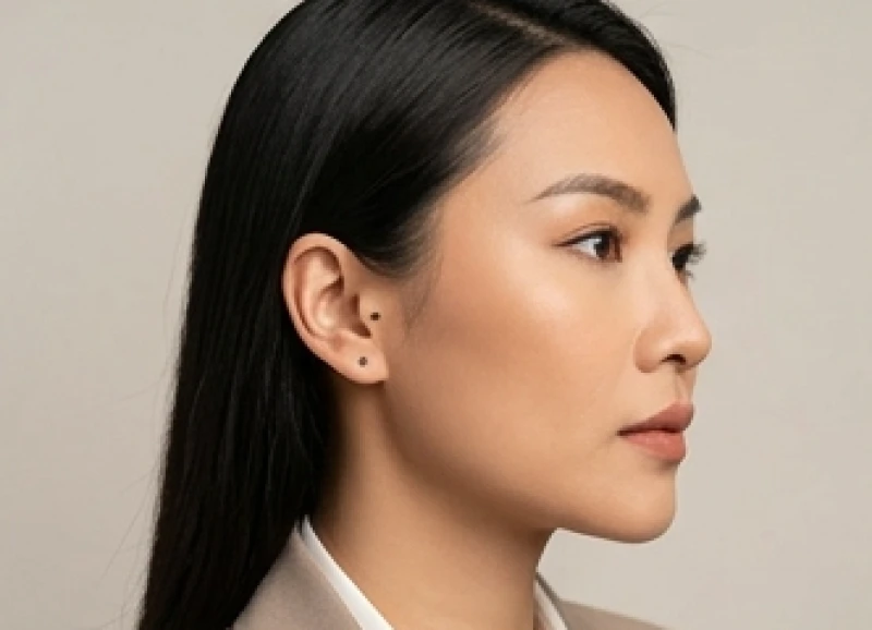 Người phụ nữ diện trang phục công sở hiện đại với mái tóc vén gọn để lộ nốt ruồi bên dái tai phải