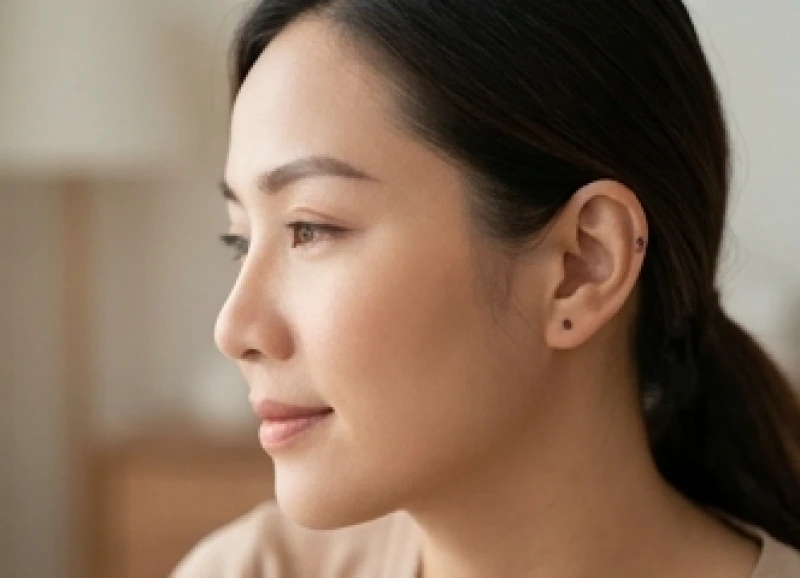 Góc nghiêng mặt bên trái của người phụ nữ hiền hậu lộ rõ nốt ruồi phong thủy trên dái tai trái