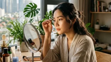 Một người phụ nữ Việt Nam thanh lịch đang kiểm tra nốt ruồi đầu lông mày trước gương trang điểm