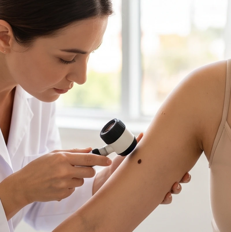 Bác sĩ da liễu dùng kính lúp chuyên dụng kiểm tra kỹ lưỡng nốt ruồi đen có dấu hiệu biến đổi màu sắc.
