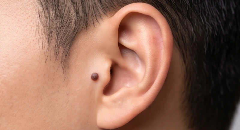 Nốt ruồi đen bóng nổi cộm nhẹ trên sụn vành tai trái của một người đàn ông trẻ tuổi