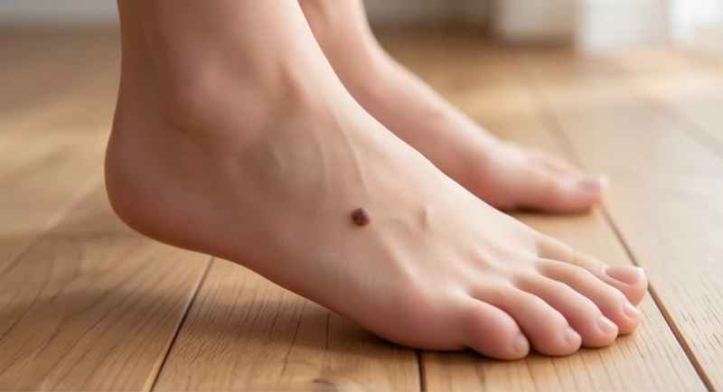 Nốt ruồi đen hắc chí rõ nét trên mu bàn chân với làn da sáng khỏe tự nhiên