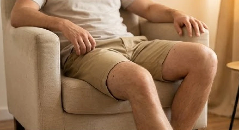 Người đàn ông mặc quần đùi kaki ngồi thư giãn với nốt ruồi ở đùi phải