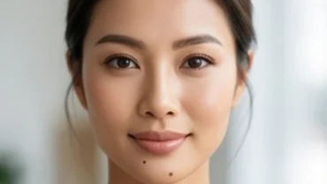 Cận cảnh khuôn mặt thanh tú của người phụ nữ với nốt ruồi dưới cằm nữ mang ý nghĩa phong thủy tốt đẹp