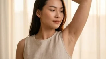 Người phụ nữ tự tin giơ cánh tay để lộ nốt ruồi dưới nách trong môi trường ánh sáng tự nhiên