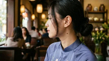 Cận cảnh góc mặt người phụ nữ Á Đông có nốt ruồi dưới tai với làn da sáng mịn và phong thái thanh lịch