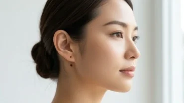 Cận cảnh nốt ruồi dưới tai của một phụ nữ với làn da sáng mịn