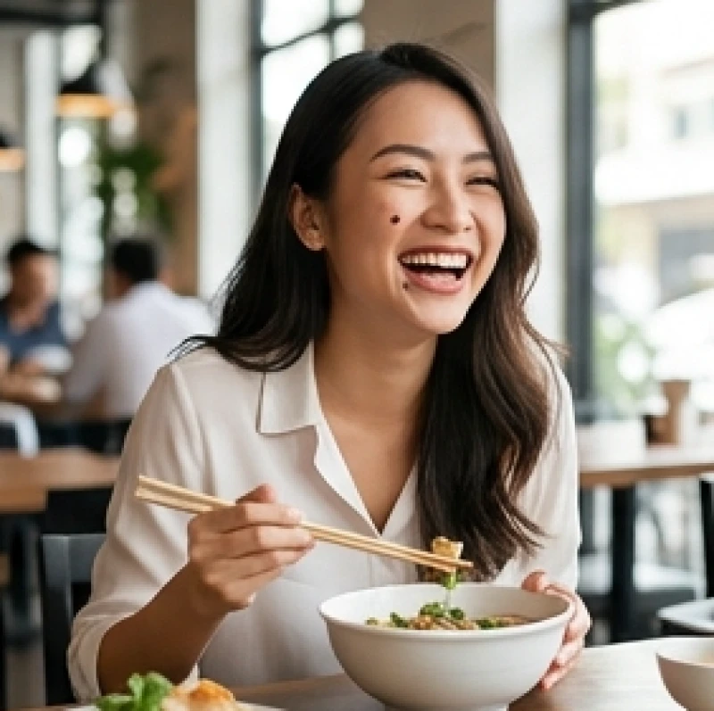 Nốt ruồi ở má phải: Ý nghĩa nam nữ, vị trí & chi phí tẩy Laser 5 Cô gái có nốt ruồi duyên ở má phải gần mép miệng đang ăn uống vui vẻ tại nhà hàng