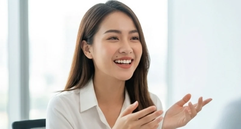 Phụ nữ có nốt ruồi trên môi cười tươi khi trò chuyện cùng đối tác trong không gian làm việc