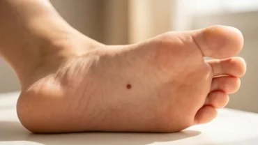 Nốt ruồi giữa lòng bàn chân rõ nét trên nền da khỏe mạnh dưới ánh sáng tự nhiên