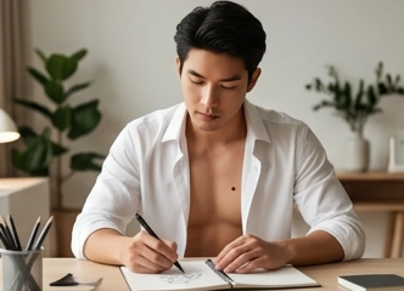 Người đàn ông sở hữu nốt ruồi giữa ngực đang làm việc tập trung, thể hiện phong thái tự tin và sự nghiệp vững vàng