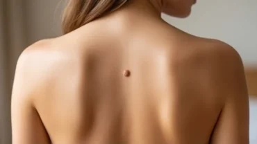Một nốt ruồi giữa sống lưng của phụ nữ nổi bật trên làn da khỏe mạnh, tượng trưng cho phúc lộc