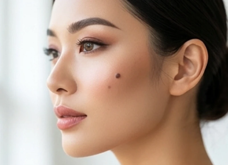 Gương mặt góc nghiêng của nữ giới để lộ rõ nốt ruồi duyên dáng nằm trên đỉnh gò má trái