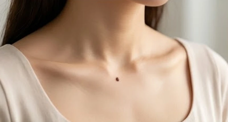 Vị trí chính giữa hõm cổ lộ rõ một nốt ruồi nhỏ nhắn nằm ngay sát đường xương quai xanh