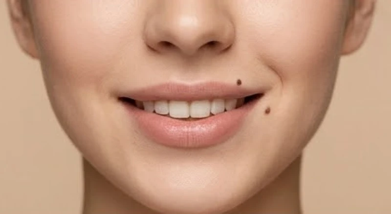 Phụ nữ có nốt ruồi nhỏ nằm ngay tại khóe môi đang mỉm cười nhẹ nhàng và thanh lịch
