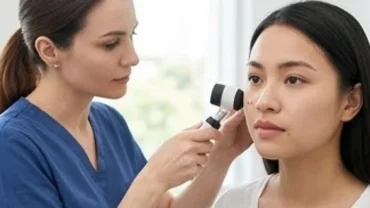 Chuyên gia da liễu đang thăm khám các nốt ruồi không nên giữ trên mặt cho một phụ nữ trẻ để đảm bảo thẩm mỹ