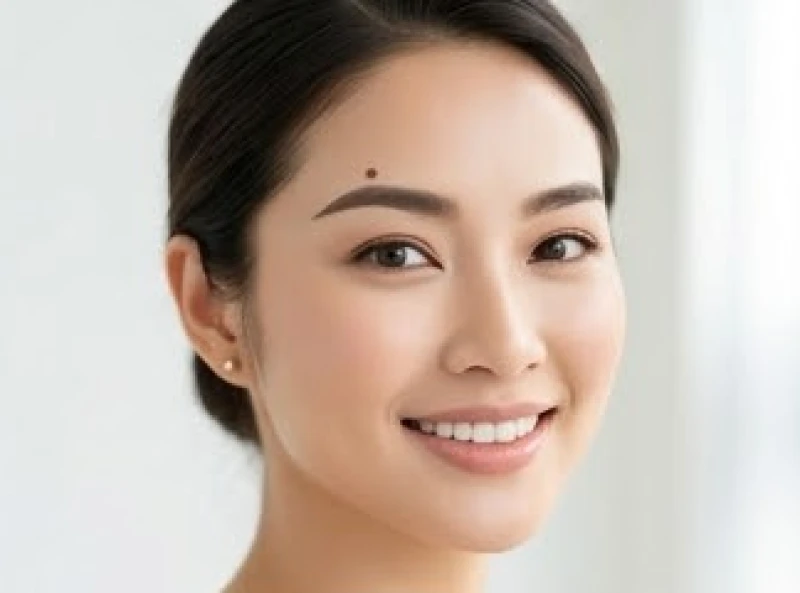 Người phụ nữ thanh lịch mỉm cười với nốt ruồi duyên dáng mọc trên lông mày bên phải
