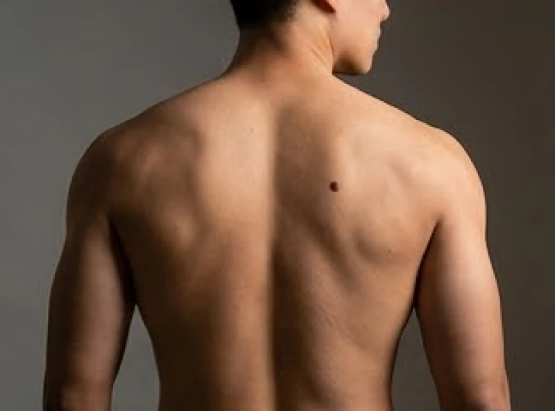 Người đàn ông vạm vỡ cởi trần để lộ một nốt ruồi sẫm màu nằm ở phía sau lưng bên phải